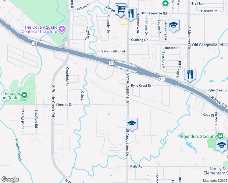 map of restaurants, bars, coffee shops, grocery stores, and more near 9558 Rylie Crest Drive in Dallas