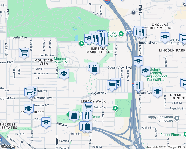 map of restaurants, bars, coffee shops, grocery stores, and more near 4343 Ocean View Boulevard in San Diego