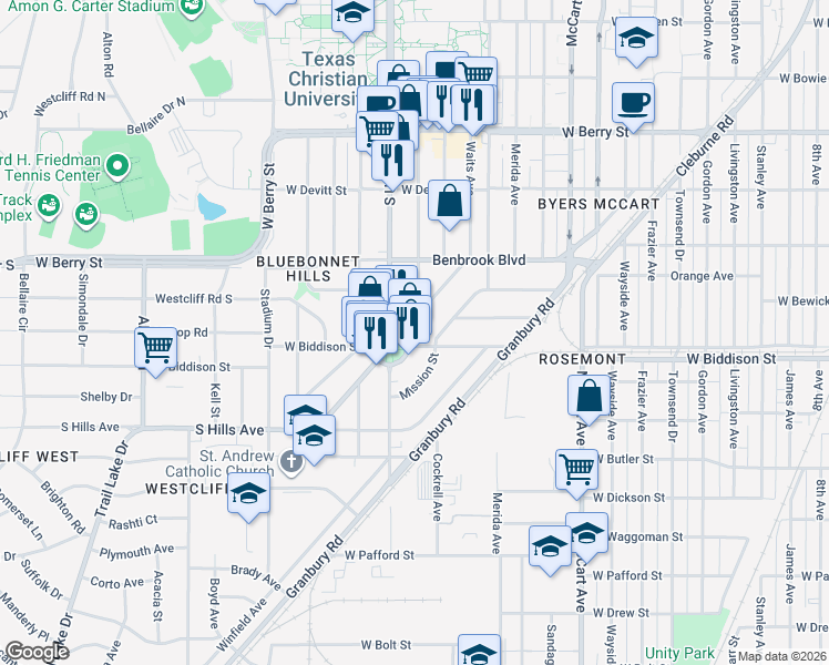 map of restaurants, bars, coffee shops, grocery stores, and more near 3357 Park Ridge Boulevard in Fort Worth