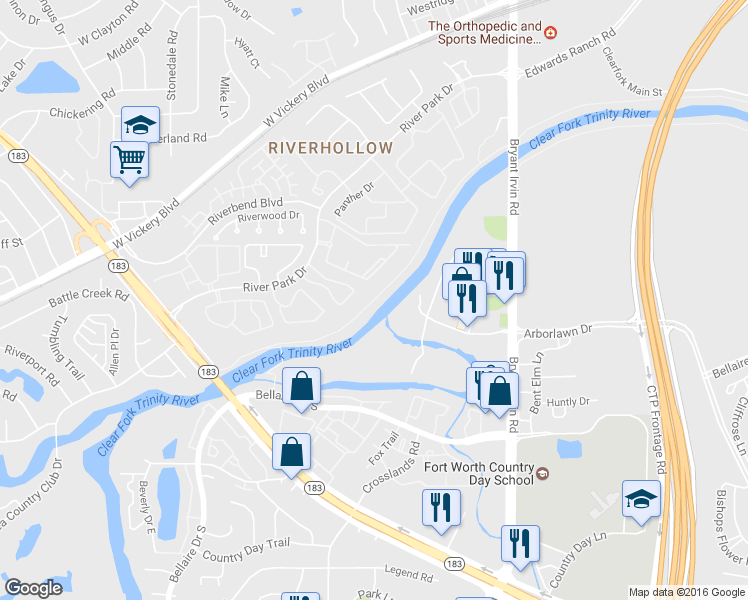 map of restaurants, bars, coffee shops, grocery stores, and more near Fort Worth Branch (Trinity Trails System) in Fort Worth
