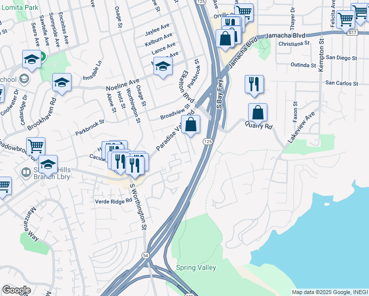 map of restaurants, bars, coffee shops, grocery stores, and more near 8517 Paradise Valley Road in Spring Valley