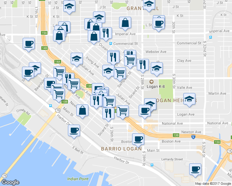 map of restaurants, bars, coffee shops, grocery stores, and more near 2176 Julian Avenue in San Diego