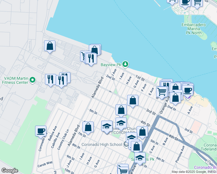 map of restaurants, bars, coffee shops, grocery stores, and more near 232 J Avenue in Coronado