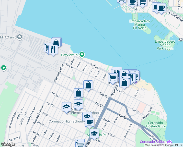 map of restaurants, bars, coffee shops, grocery stores, and more near 135 G Avenue in Coronado