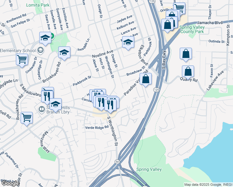 map of restaurants, bars, coffee shops, grocery stores, and more near 138 Demona Place in Spring Valley