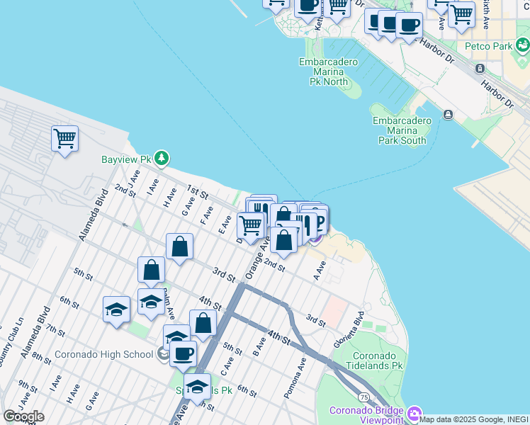 map of restaurants, bars, coffee shops, grocery stores, and more near 1099 1st Street in Coronado