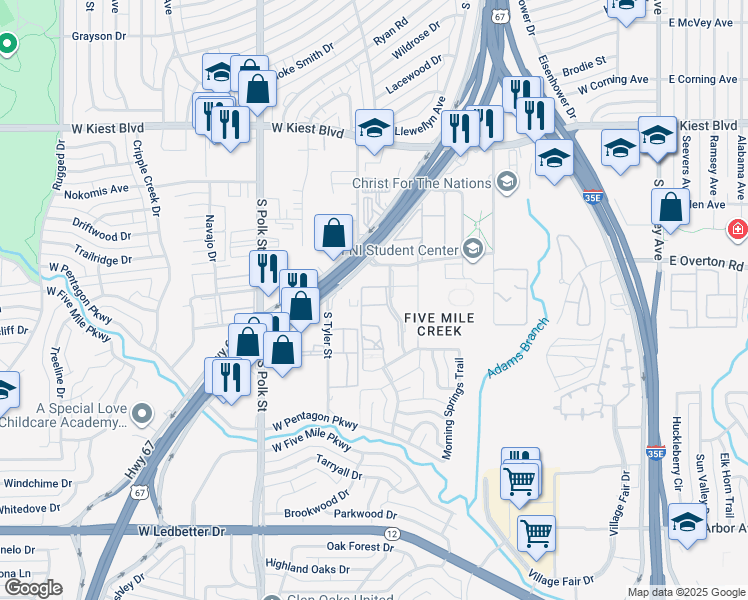 map of restaurants, bars, coffee shops, grocery stores, and more near 3523 Fawn Valley Drive in Dallas