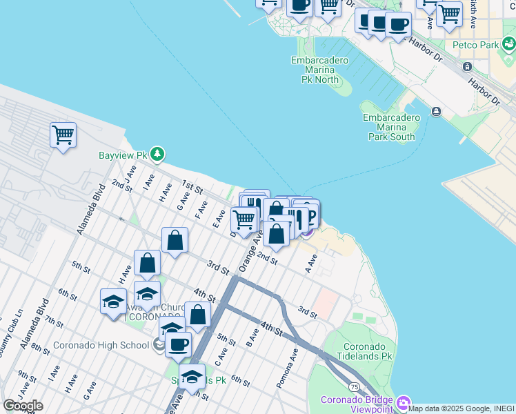 map of restaurants, bars, coffee shops, grocery stores, and more near 1099 1st Street in Coronado