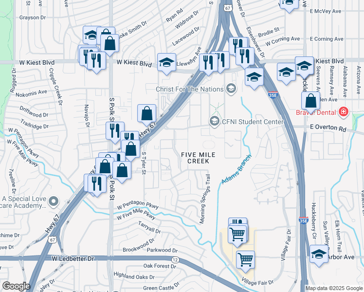 map of restaurants, bars, coffee shops, grocery stores, and more near 3504 Fawn Valley Drive in Dallas