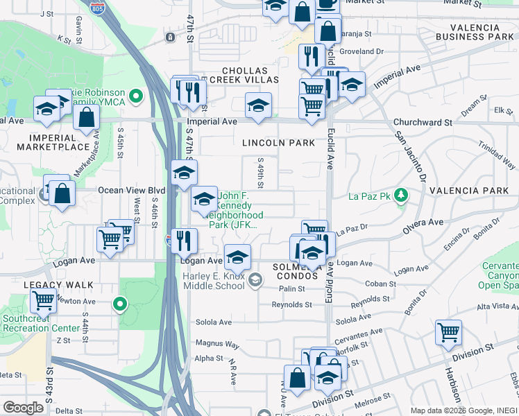 map of restaurants, bars, coffee shops, grocery stores, and more near 4895 Bunnell Street in San Diego