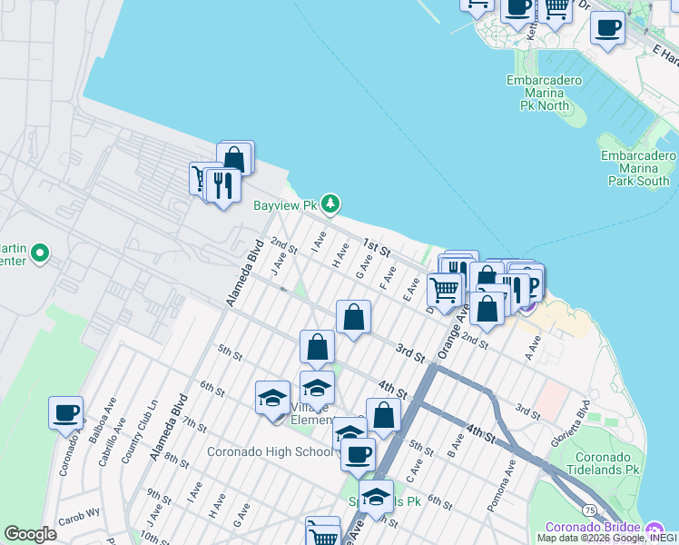 map of restaurants, bars, coffee shops, grocery stores, and more near 161 H Avenue in Coronado