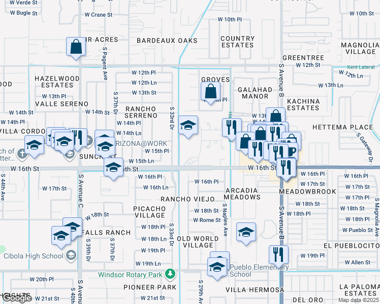 map of restaurants, bars, coffee shops, grocery stores, and more near 3200 West 16th Street in Yuma