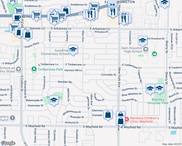 map of restaurants, bars, coffee shops, grocery stores, and more near 1600 Palmwood Trail in Arlington