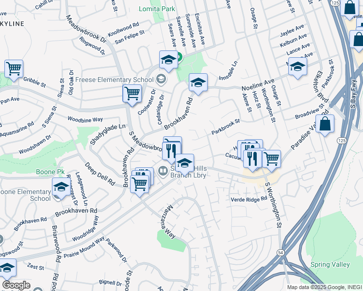 map of restaurants, bars, coffee shops, grocery stores, and more near 425 South Meadowbrook Drive in San Diego
