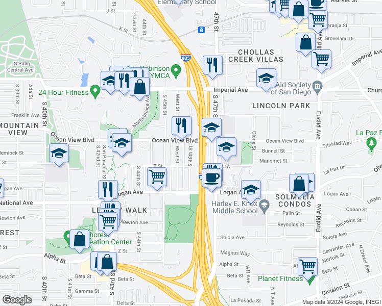 map of restaurants, bars, coffee shops, grocery stores, and more near 516 South 46th Street in San Diego