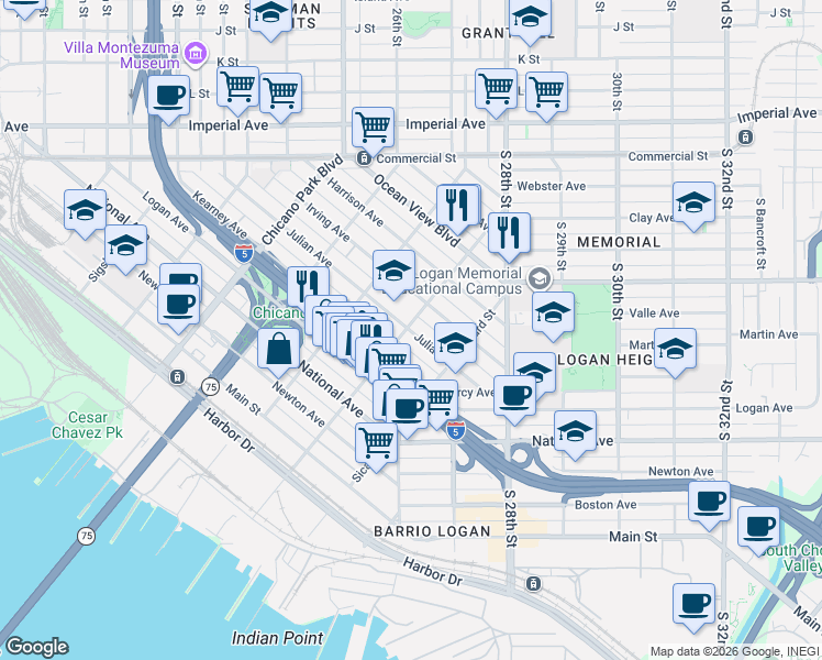 map of restaurants, bars, coffee shops, grocery stores, and more near 2176 Julian Avenue in San Diego