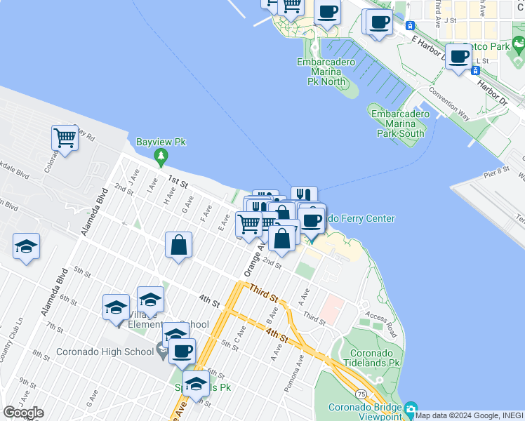 map of restaurants, bars, coffee shops, grocery stores, and more near 1099 1st Street in Coronado