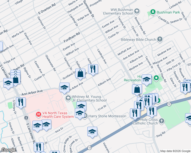 map of restaurants, bars, coffee shops, grocery stores, and more near 2515 Ann Arbor Avenue in Dallas