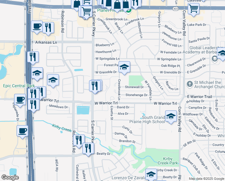 map of restaurants, bars, coffee shops, grocery stores, and more near 702 West Warrior Trail in Grand Prairie