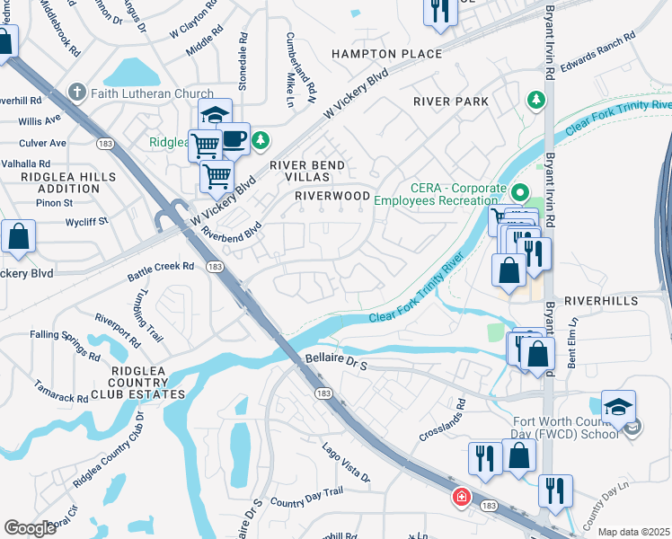 map of restaurants, bars, coffee shops, grocery stores, and more near 731 River Park Drive in Fort Worth
