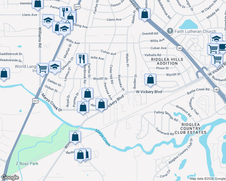 map of restaurants, bars, coffee shops, grocery stores, and more near 5025 Penrose Avenue in Fort Worth