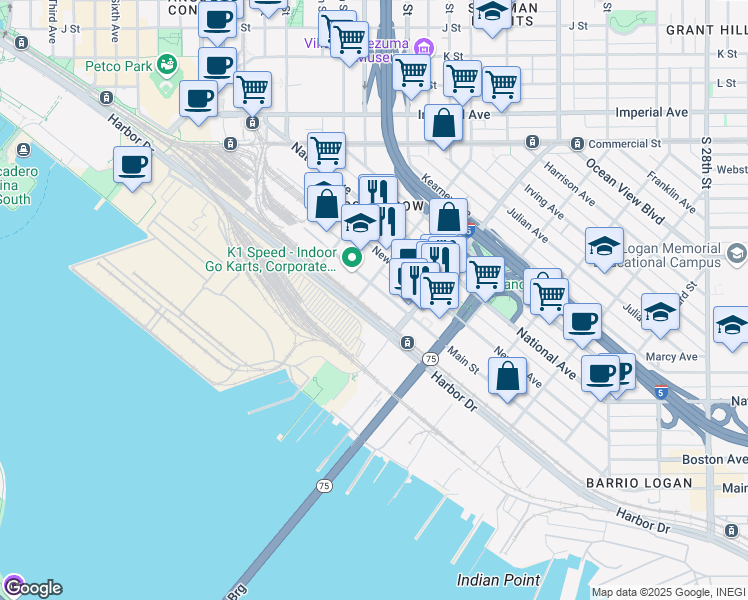 map of restaurants, bars, coffee shops, grocery stores, and more near in San Diego