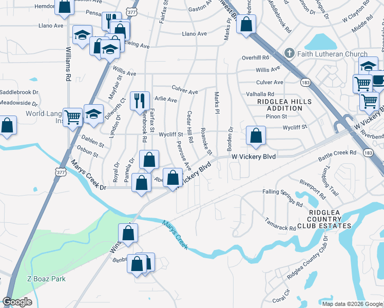 map of restaurants, bars, coffee shops, grocery stores, and more near 5025 Penrose Avenue in Fort Worth