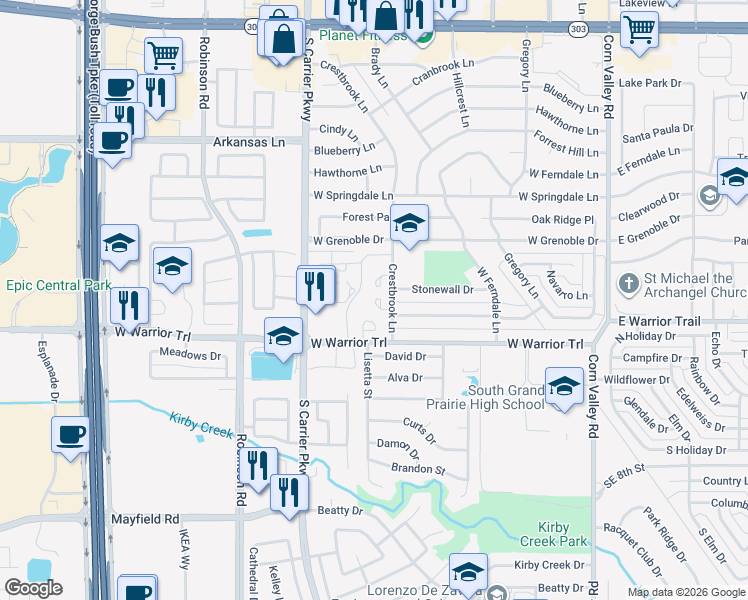 map of restaurants, bars, coffee shops, grocery stores, and more near 702 West Warrior Trail in Grand Prairie