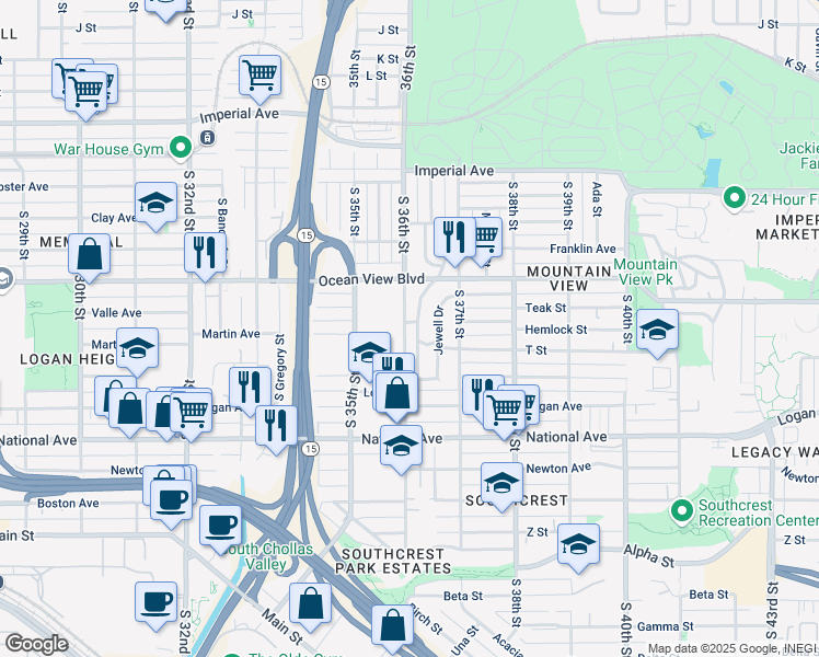 map of restaurants, bars, coffee shops, grocery stores, and more near 562 South 36th Street in San Diego
