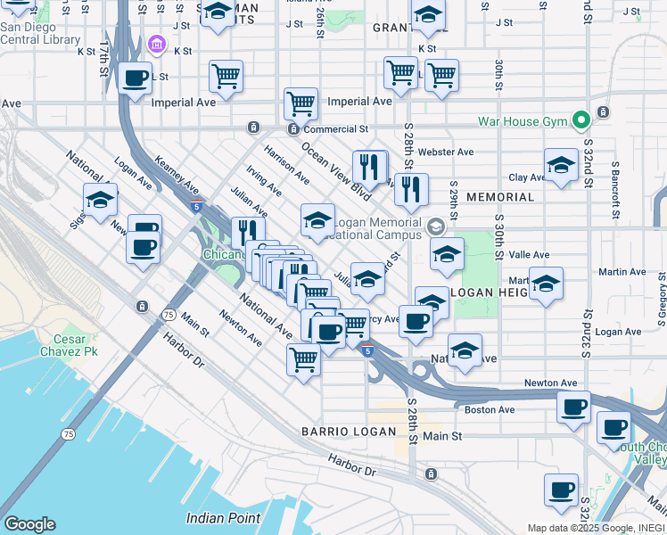 map of restaurants, bars, coffee shops, grocery stores, and more near 2214 Julian Avenue in San Diego
