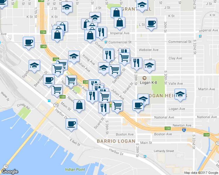 map of restaurants, bars, coffee shops, grocery stores, and more near Sampson St & Julian Ave in San Diego