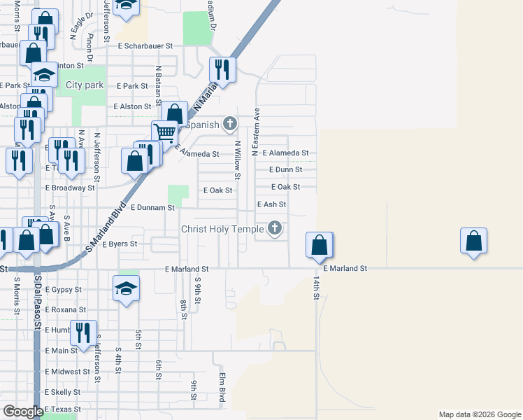 map of restaurants, bars, coffee shops, grocery stores, and more near 119 South Eastern Street in Hobbs