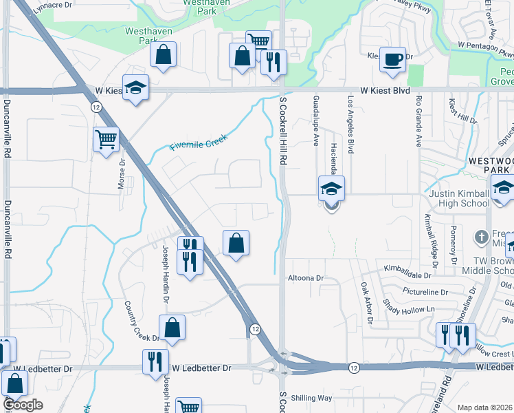 map of restaurants, bars, coffee shops, grocery stores, and more near 4407 Country Creek Drive in Dallas
