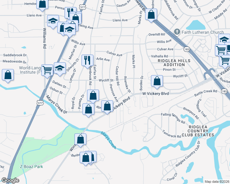 map of restaurants, bars, coffee shops, grocery stores, and more near 5025 Penrose Avenue in Fort Worth