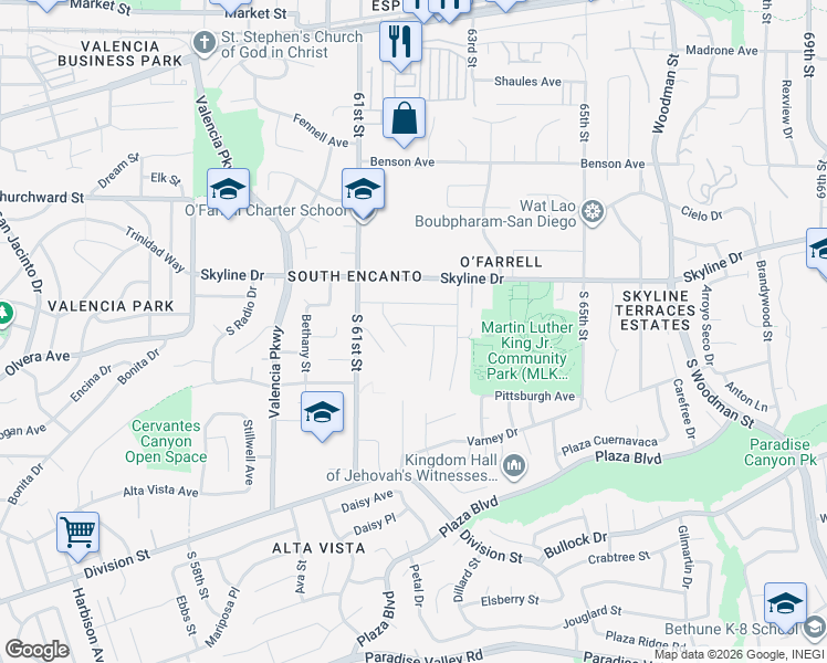 map of restaurants, bars, coffee shops, grocery stores, and more near 6231 Amesbury Street in San Diego