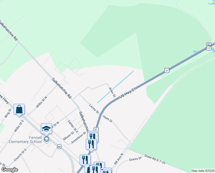 map of restaurants, bars, coffee shops, grocery stores, and more near Pine Street in Yemassee
