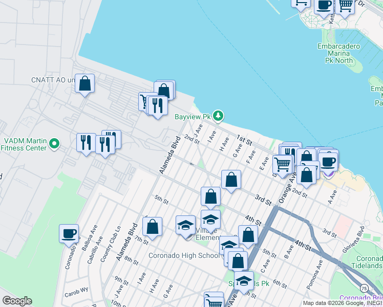 map of restaurants, bars, coffee shops, grocery stores, and more near 245 J Avenue in Coronado