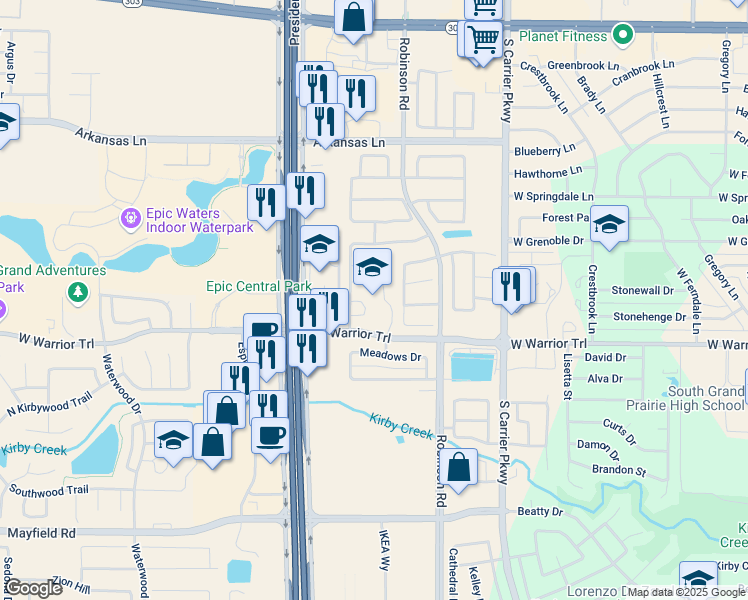 map of restaurants, bars, coffee shops, grocery stores, and more near 1160 West Warrior Trail in Grand Prairie