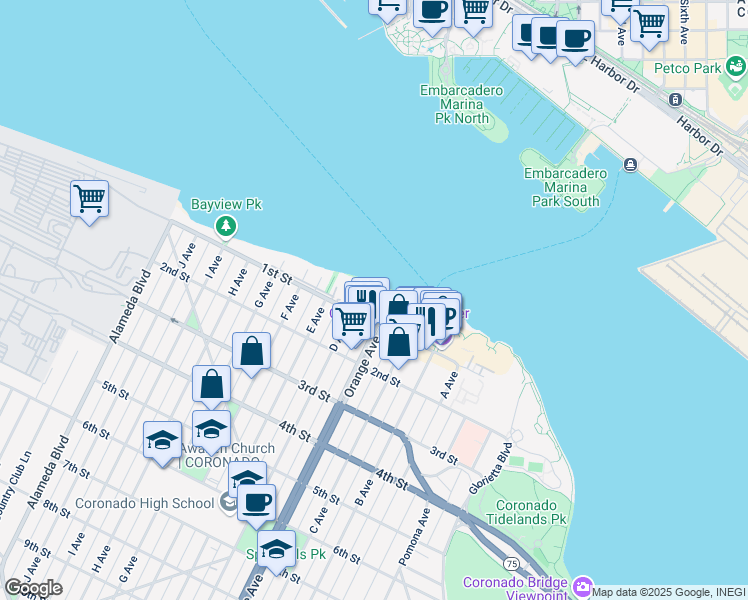 map of restaurants, bars, coffee shops, grocery stores, and more near in San Diego