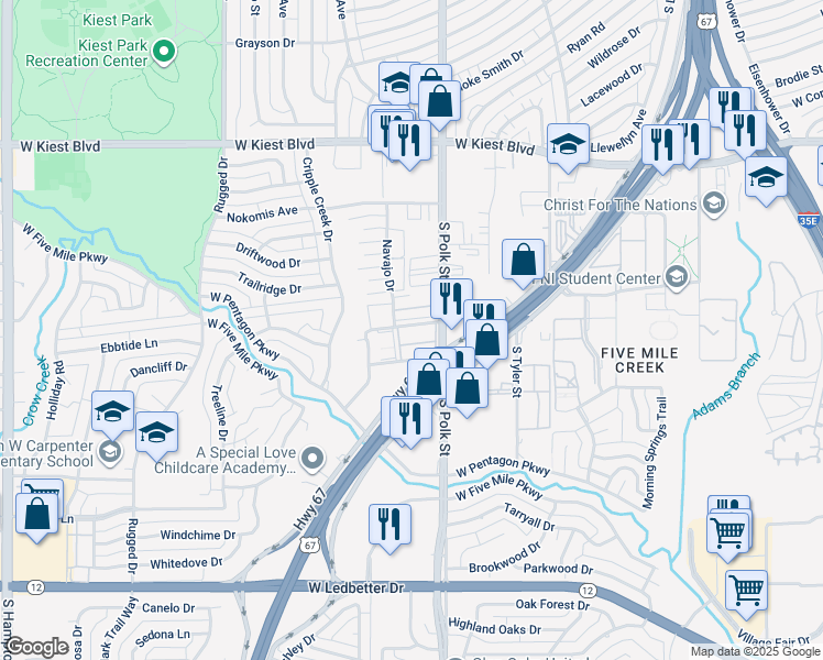 map of restaurants, bars, coffee shops, grocery stores, and more near 3626 Legendary Lane in Dallas