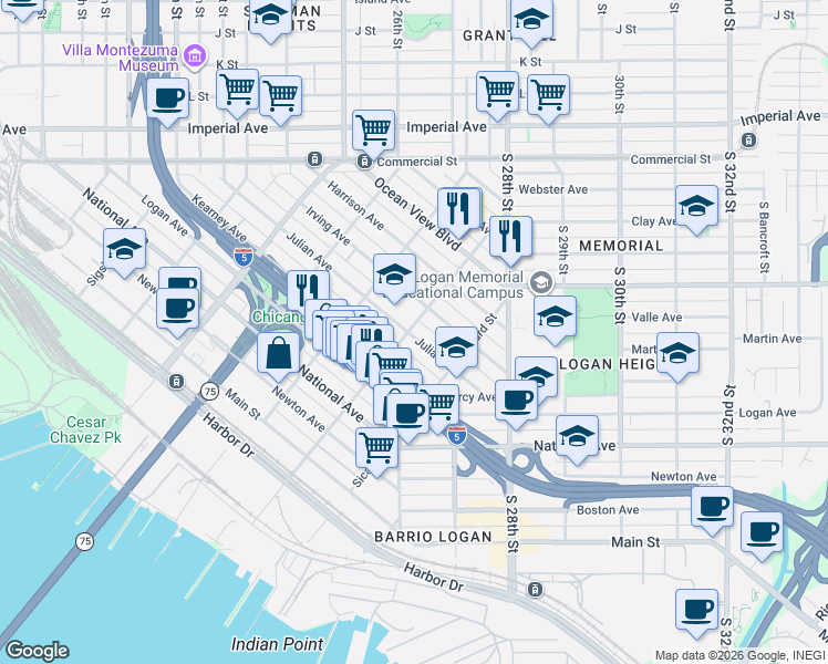 map of restaurants, bars, coffee shops, grocery stores, and more near 2212 Julian Avenue in San Diego