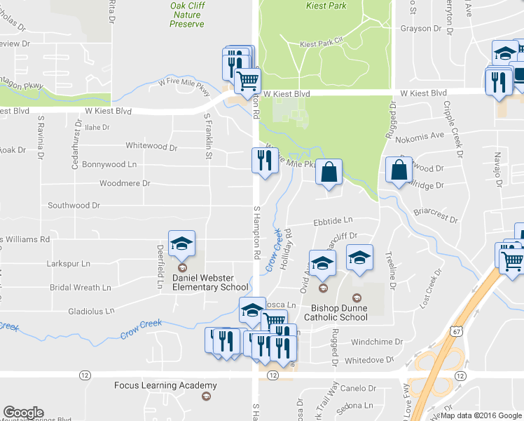map of restaurants, bars, coffee shops, grocery stores, and more near 2374 Southwood Drive in Dallas