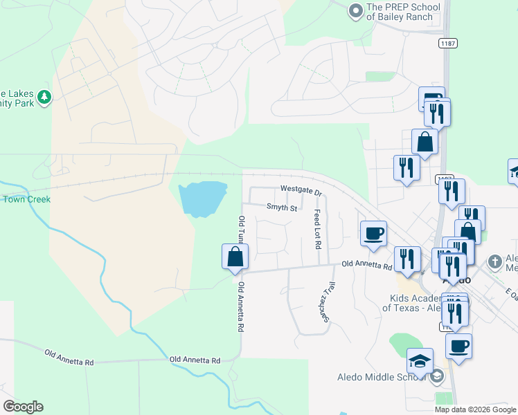 map of restaurants, bars, coffee shops, grocery stores, and more near 305 Red Drive in Aledo