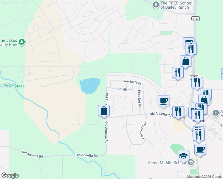 map of restaurants, bars, coffee shops, grocery stores, and more near 740 Westgate Drive in Aledo
