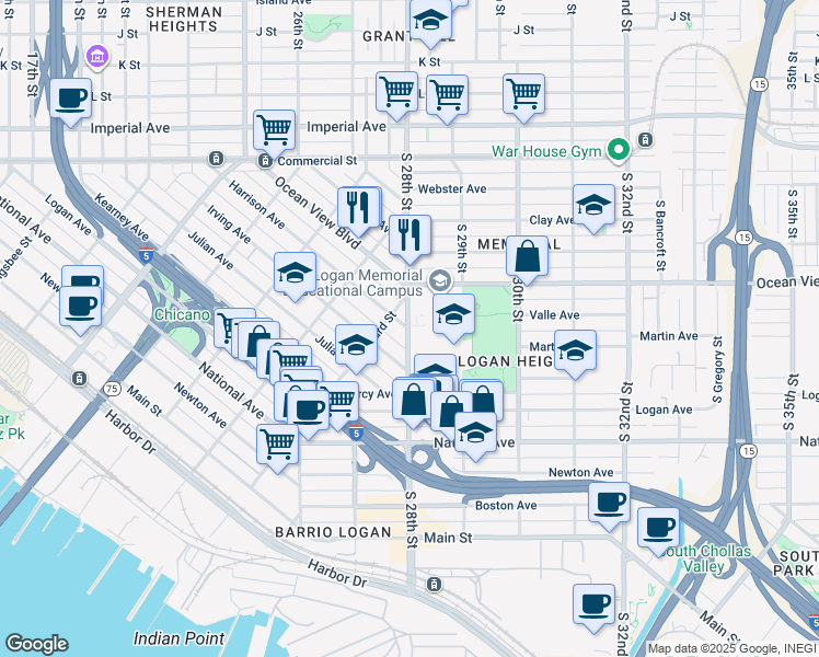 map of restaurants, bars, coffee shops, grocery stores, and more near 587 South 28th Street in San Diego