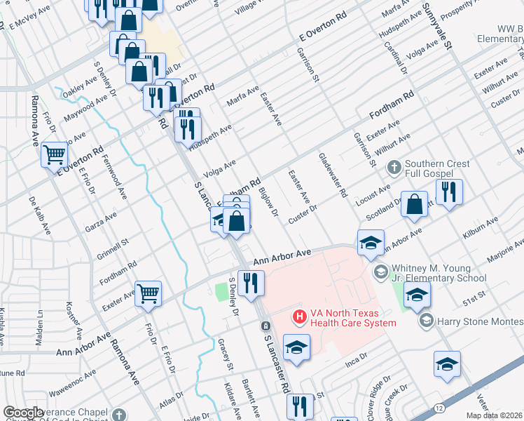 map of restaurants, bars, coffee shops, grocery stores, and more near 4127 Biglow Drive in Dallas