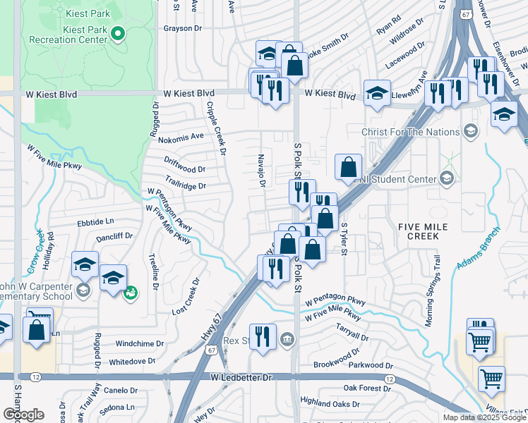 map of restaurants, bars, coffee shops, grocery stores, and more near 3626 Legendary Lane in Dallas