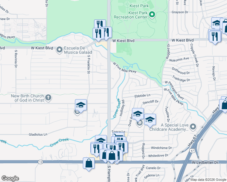 map of restaurants, bars, coffee shops, grocery stores, and more near 2374 Southwood Drive in Dallas