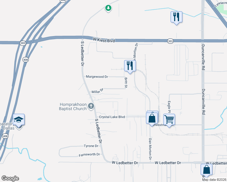map of restaurants, bars, coffee shops, grocery stores, and more near 5705 Millar Drive in Dallas