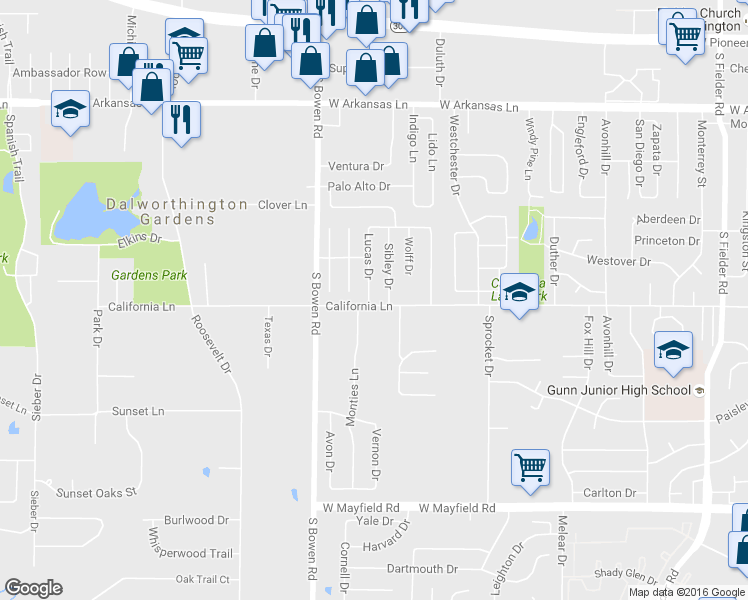 map of restaurants, bars, coffee shops, grocery stores, and more near 2727 Lucas Drive in Arlington